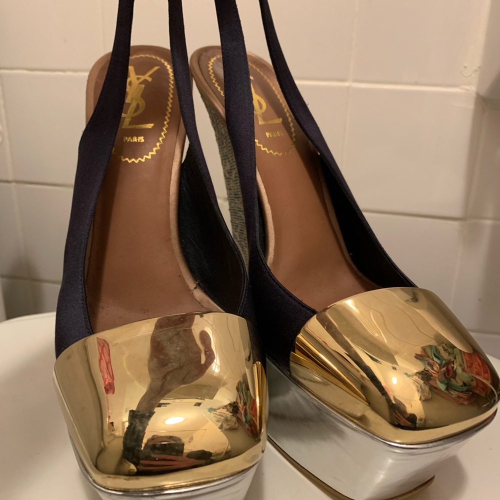 Yves Saint Laurent Metallic Gold and Black Platform Heels